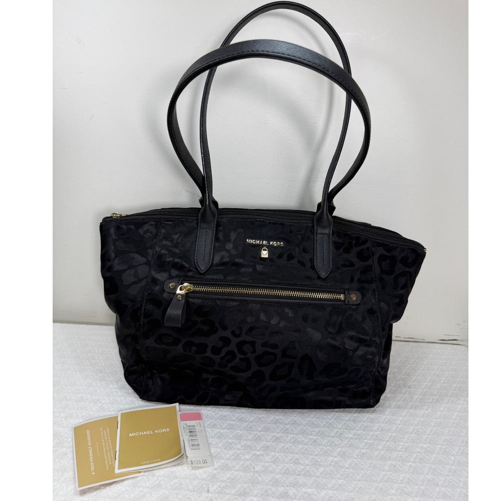 Michael Kors Kelsey Black Nylon Leopard Print Tote Bag Gold Hardware NEW